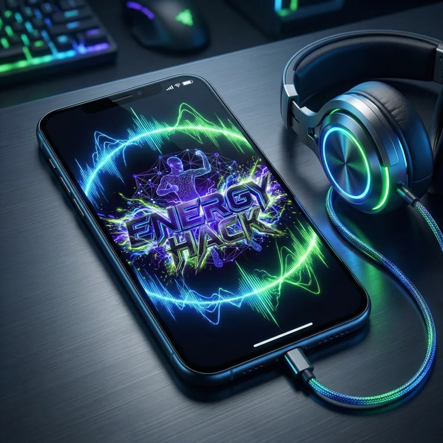 Celular tocando o Energy Hack ao lado de um fone de ouvido